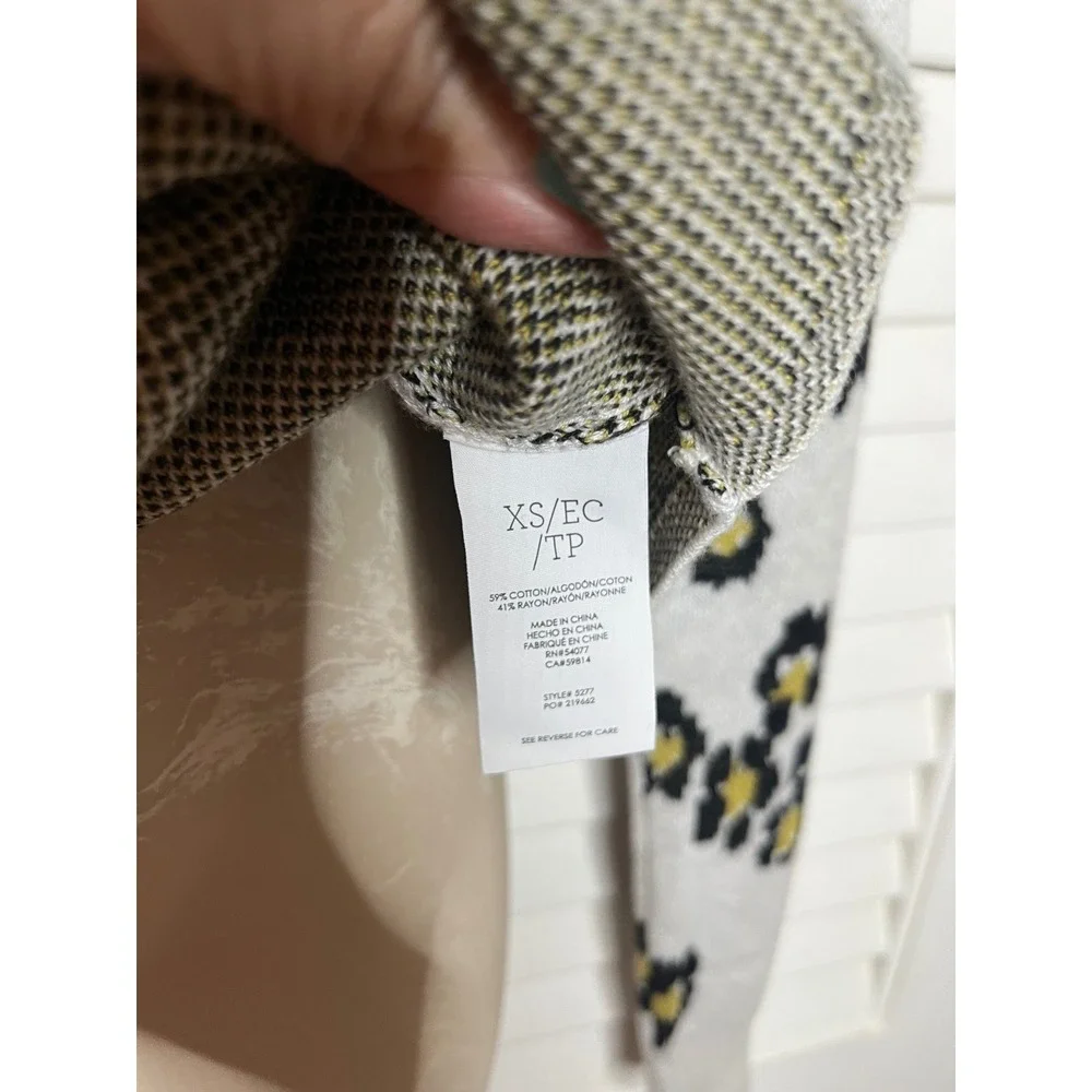 Cabi Leopard Print Cardigan Grey Black Yellow Button Up Oversized Sweater XS